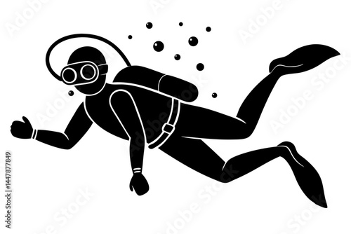 Scuba diver underwater silhouette design in wetsuit for adventure and recreation, scuba diver, silhouette, underwater, diving, diver, wetsuit, ocean, sea, adventure, recreation, snorkeling, marine