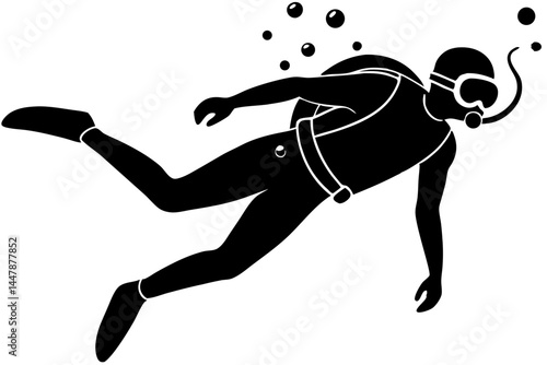 Black silhouette of a scuba diver wearing a wetsuit swimming underwater vector art, scuba diver, diver, wetsuit, silhouette, underwater, swimming, ocean, sea, marine, vector, black, transparent