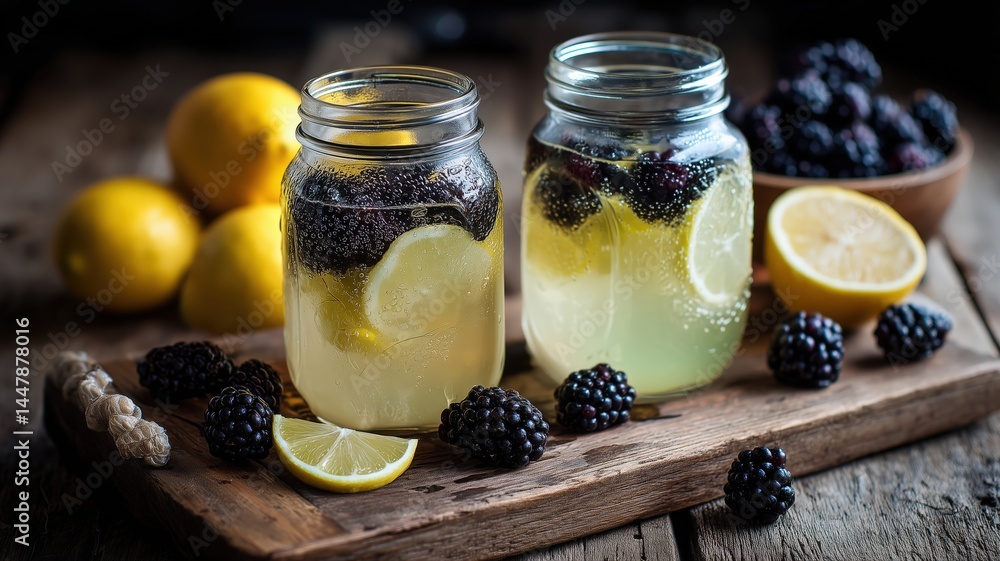 Two Glass Jars of Sparkling Berry and Citrus Drink on Rustic Wooden Board Two Glass Jars of Sparkling Berry and Citrus Drink on Rustic Wooden Board