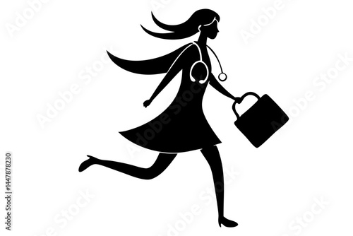 Running female doctor silhouette wearing shorts on white background emergency, doctor, female, running, silhouette, shorts, woman, healthcare, emergency, vector, isolated, medicine, professional