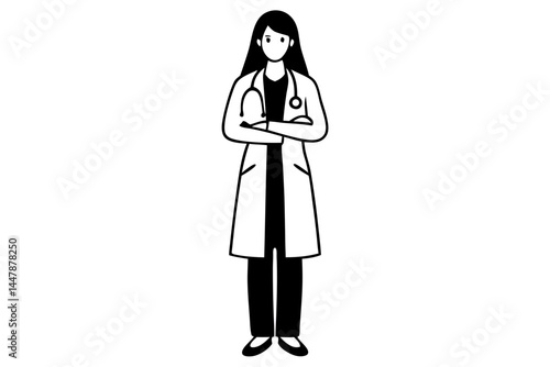 Silhouette design of confident female doctor in professional wear with arms crossed, silhouette, female, doctor, healthcare, professional, woman, medical, health, standing, arms crossed, uniform