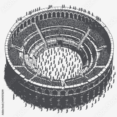 Ancient circular amphitheater made of stone, featuring a tiny crowd enjoying the ambiance of a historic gathering space.