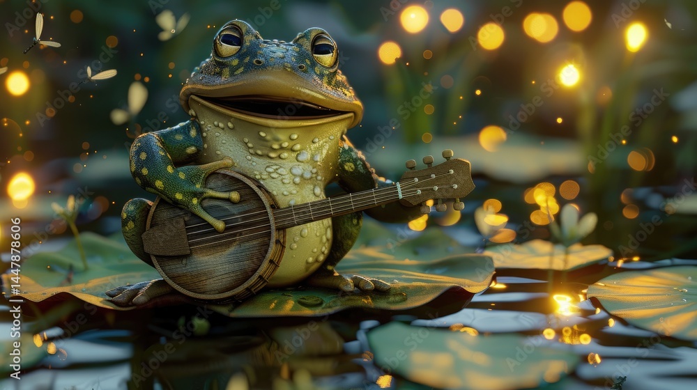 Naklejka premium Animated amphibian musician playing a banjo.