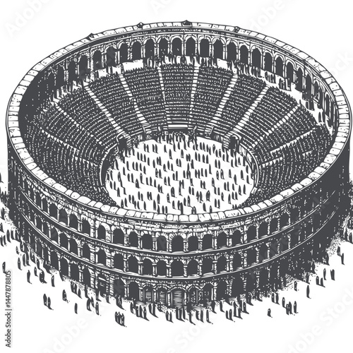 Historic circular stone amphitheater, a timeless venue hosting a small crowd for a classic cultural event.