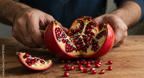 Close up of pomegranate sectioned on wooden surface