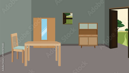 vector illustration of simple rural indian dining room interior with wooden furniture, wardrobe, window, cabinet, table, and chair in traditional village house - cartoon style indoor home decor

