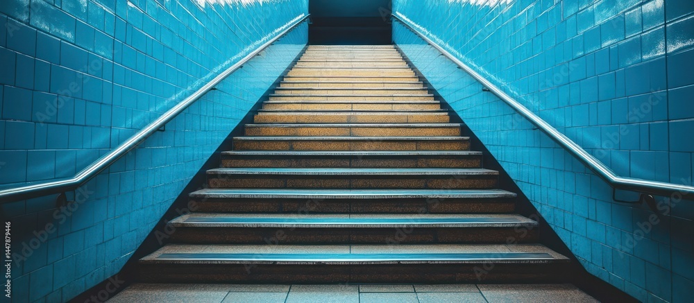Fototapeta premium Subway stairs ascend, blue tiles, dark exit