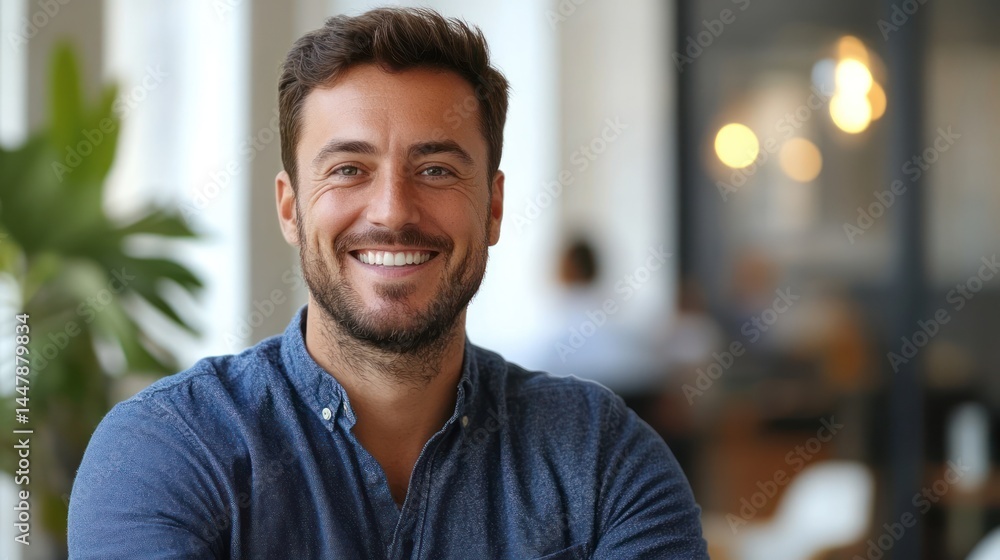 Obraz premium Happy man smiling office portrait, blurred background