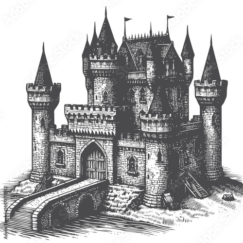 Stylized depiction of a tiny medieval castle with a classic drawbridge, vibrant greenery, and artistic stone craftsmanship.