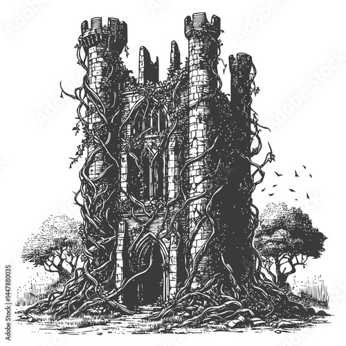 Elegant ruins of a tower covered in vines, blending historic stonework with lush natural greenery.