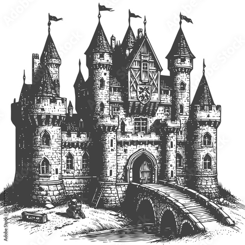Tiny medieval castle with a drawbridge and scenic surroundings, reflecting a blend of historic charm and modern artistic style.