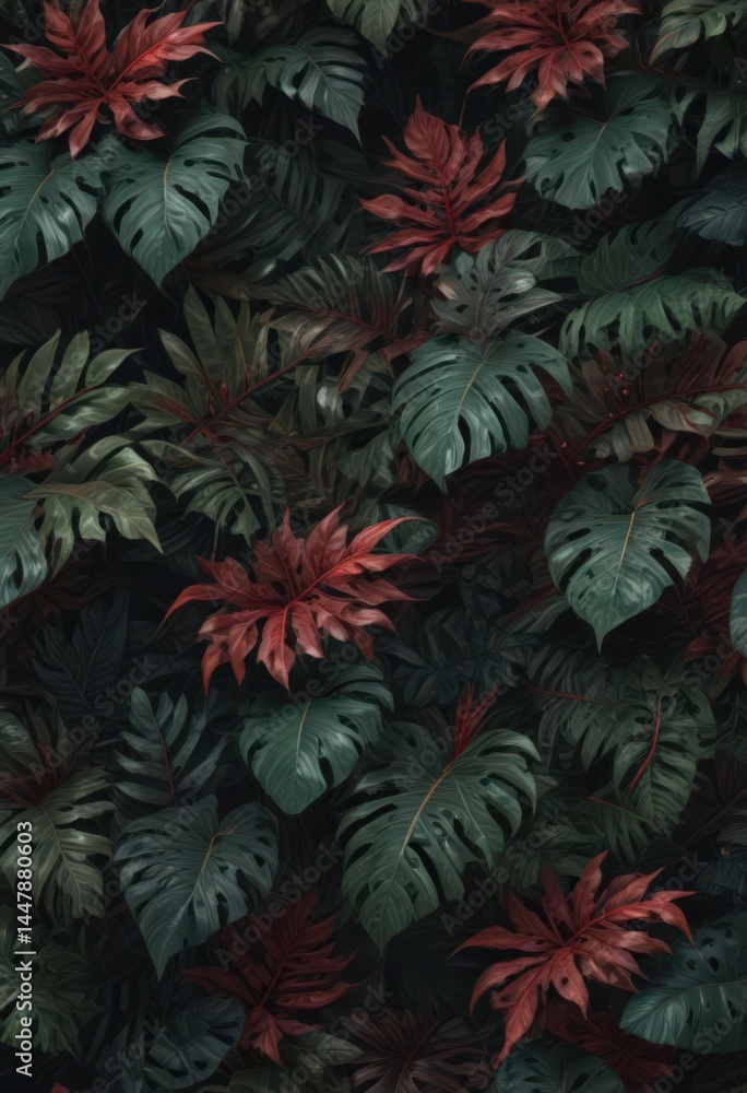 Lush, dark green & crimson tropical leaves, intricate pattern , texture, tropical Lush, dark green & crimson tropical leaves, intricate pattern , texture, tropical