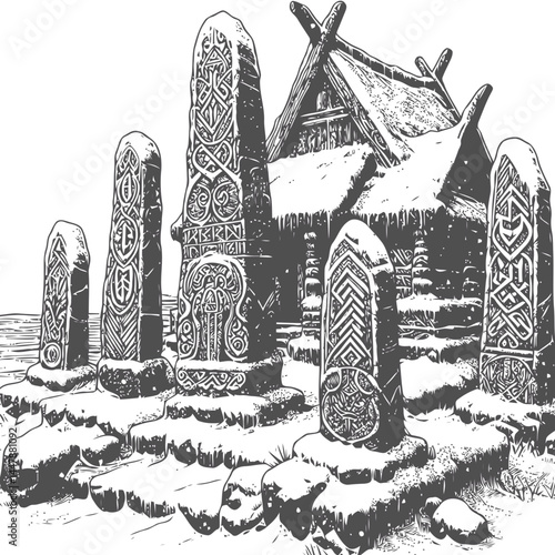 Wintery Norse shrine surrounded by snow and runestones, an homage to Nordic traditions and spiritual beliefs.