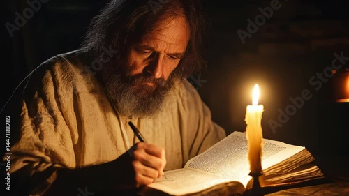 Apostle John writing the Gospel by candlelight, soft glow illuminating his face, scroll and quill in hand, peaceful and introspective atmosphere, realistic textures