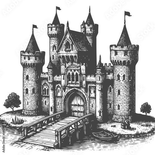 Historic tiny castle with a medieval drawbridge surrounded by serene landscapes and artistic stonework.