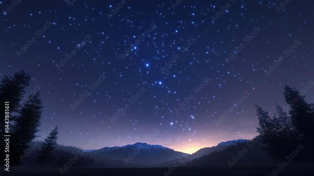 Fototapeta premium Starlit mountain landscape, serene twilight sky with scattered stars, trees framing the foreground, perfect for relaxation themes.