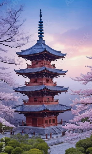 Wallpaper Mural Traditional Multi-Tiered Pagoda in Temple Garden with Red Lacquered Wood, Curved Eaves, Cherry Blossoms, Koi Pond, Stone Lanterns, and Misty Zen Landscape in Harmonious Spiritual Setting Torontodigital.ca