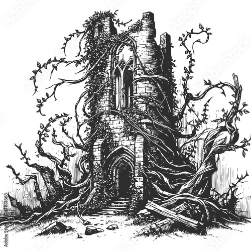 Historic tower cloaked in vibrant vines, a captivating blend of ancient architecture and natural growth.
