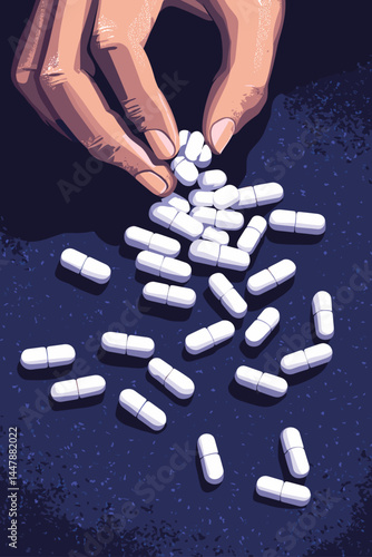 A hand pours white pills onto a dark surface.