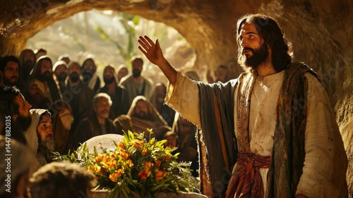 Jesus standing before Lazarus tomb, raising His hand in a blessing, mourners in the background, emotional expressions, soft lighting with vibrant contrasts, intricate textures