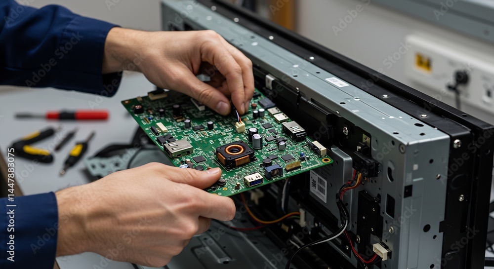 Technician Repairing a Broken Television Screen, Replacing a Circuit Board, Close Up View Technician Repairing a Broken Television Screen, Replacing a Circuit Board, Close Up View