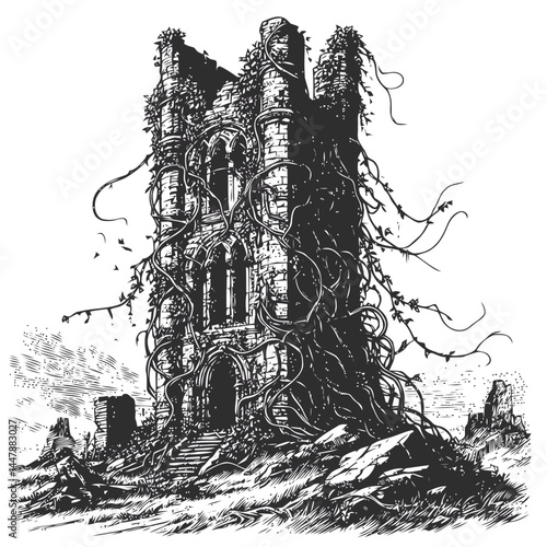 Intricate depiction of a ruined tower covered in vines, showcasing the harmony between history and natural beauty.