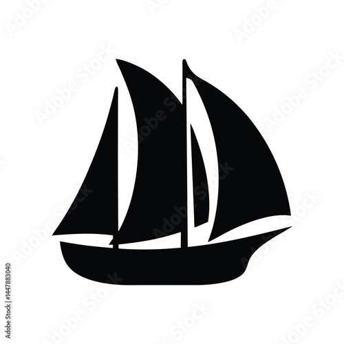 Silhouette of a sailboat with three sails, black and white design, nautical icon