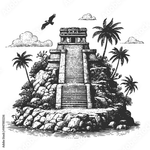 Charming depiction of a tiny Mayan temple on a stepped cliff, highlighting intricate stonework and historic allure.