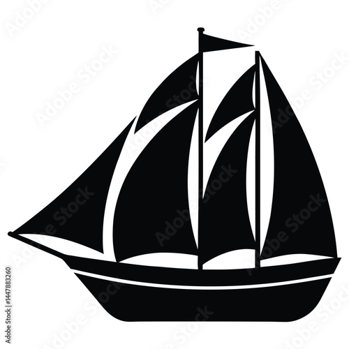 Silhouette of a sailboat with three sails, black and white design, nautical icon