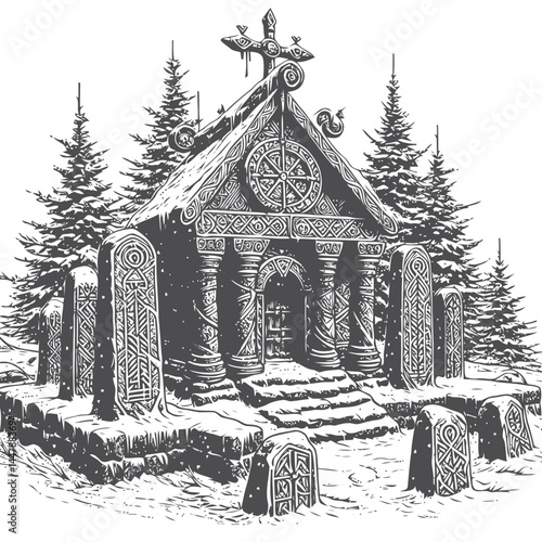 Nordic shrine adorned with snow and runestones, embodying the essence of ancient Norse spirituality and art.