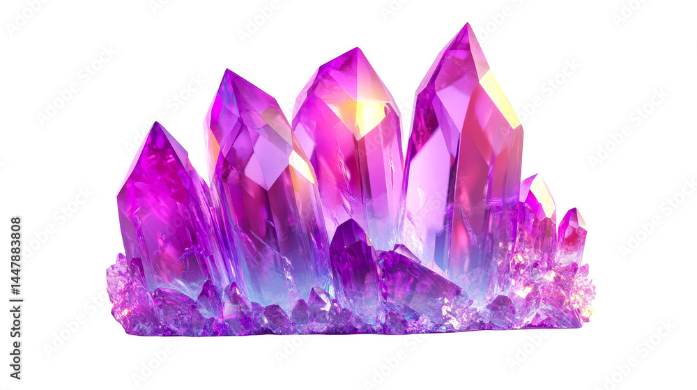 Cluster of vivid magenta and violet crystals, iridescent glow. cut out transparent Cluster of vivid magenta and violet crystals, iridescent glow. cut out transparent