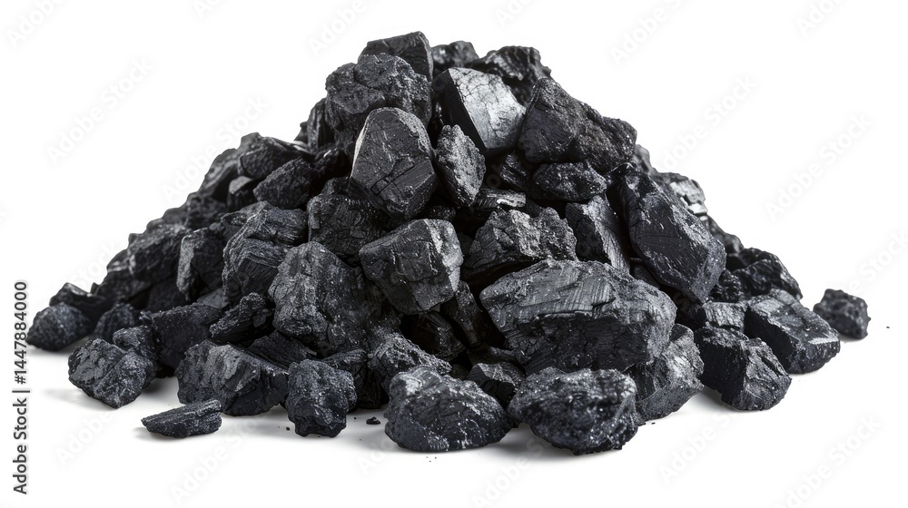 A pile of black coal pieces, commonly used as a fossil fuel for energy production. on white background A pile of black coal pieces, commonly used as a fossil fuel for energy production. on white background