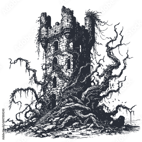 Aged tower adorned with vines, blending historic decay with lush natural elements in a stunning composition.