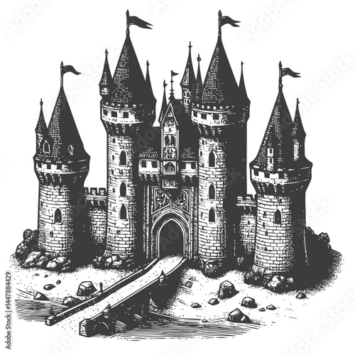 Classic tiny medieval castle with a drawbridge surrounded by artistic stonework and serene greenery.