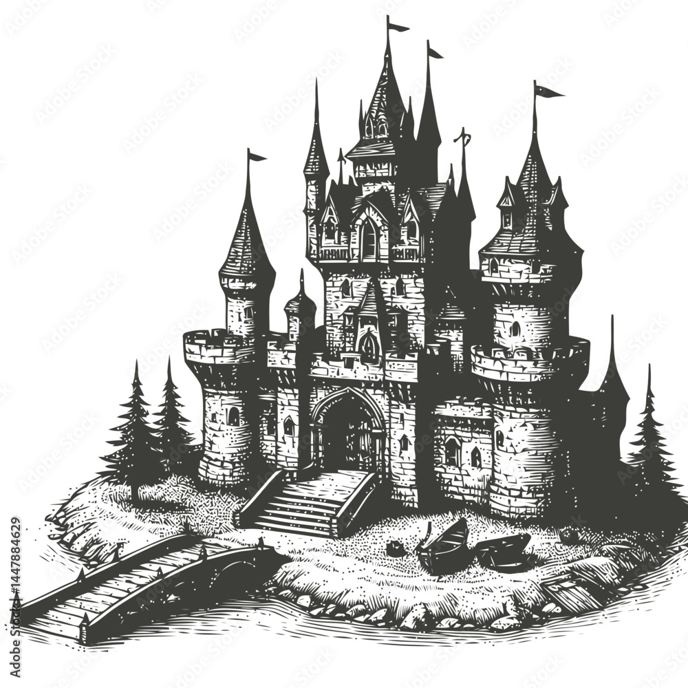 Fototapeta premium Picturesque tiny castle featuring a medieval drawbridge and surrounded by intricate details of historic design and stonework.