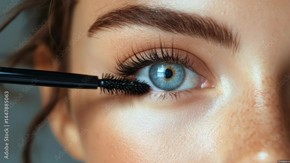 Close-up of beautiful woman's eye applying mascara for glamorous look cosmetic beauty makeup product styling