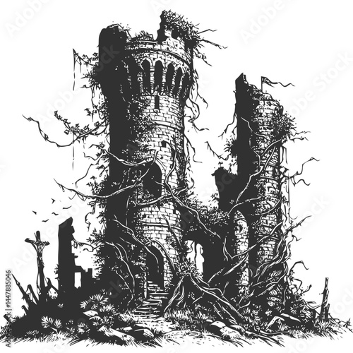 Aged stone tower entwined with vines, showcasing the poetic beauty of nature overtaking history.
