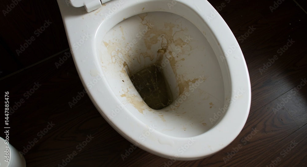 Close-up of a Dirty and Stained Toilet Bowl in a Bathroom with Dark Wooden Flooring Close-up of a Dirty and Stained Toilet Bowl in a Bathroom with Dark Wooden Flooring