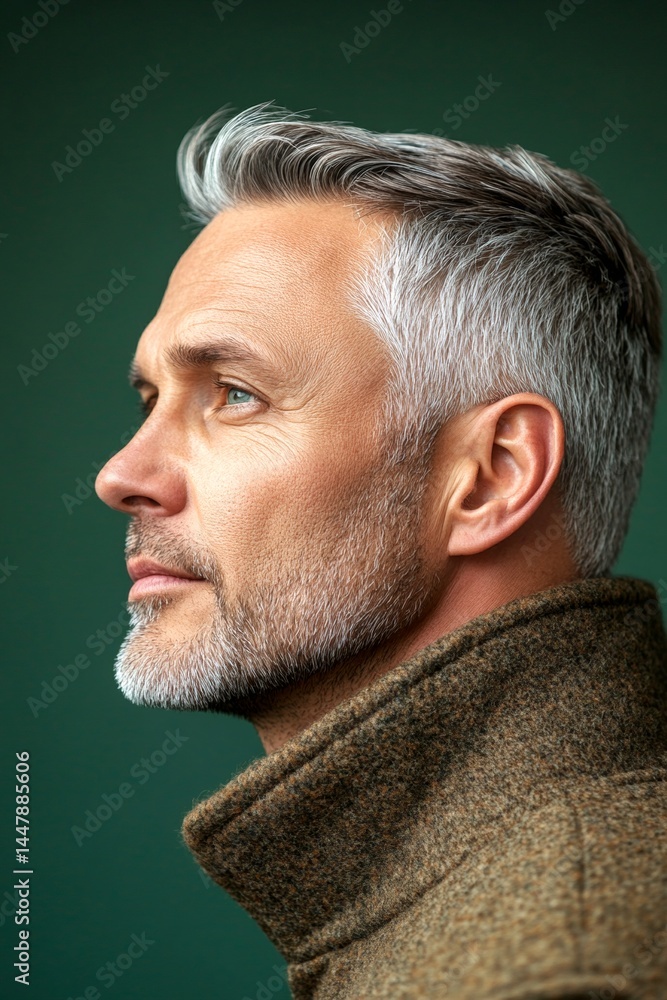 A joyful man with a trendy and modern hairstyle. Trendy men's ivy league haircut - midlife white man with hair. Green solid background. Concept of style for aging men.