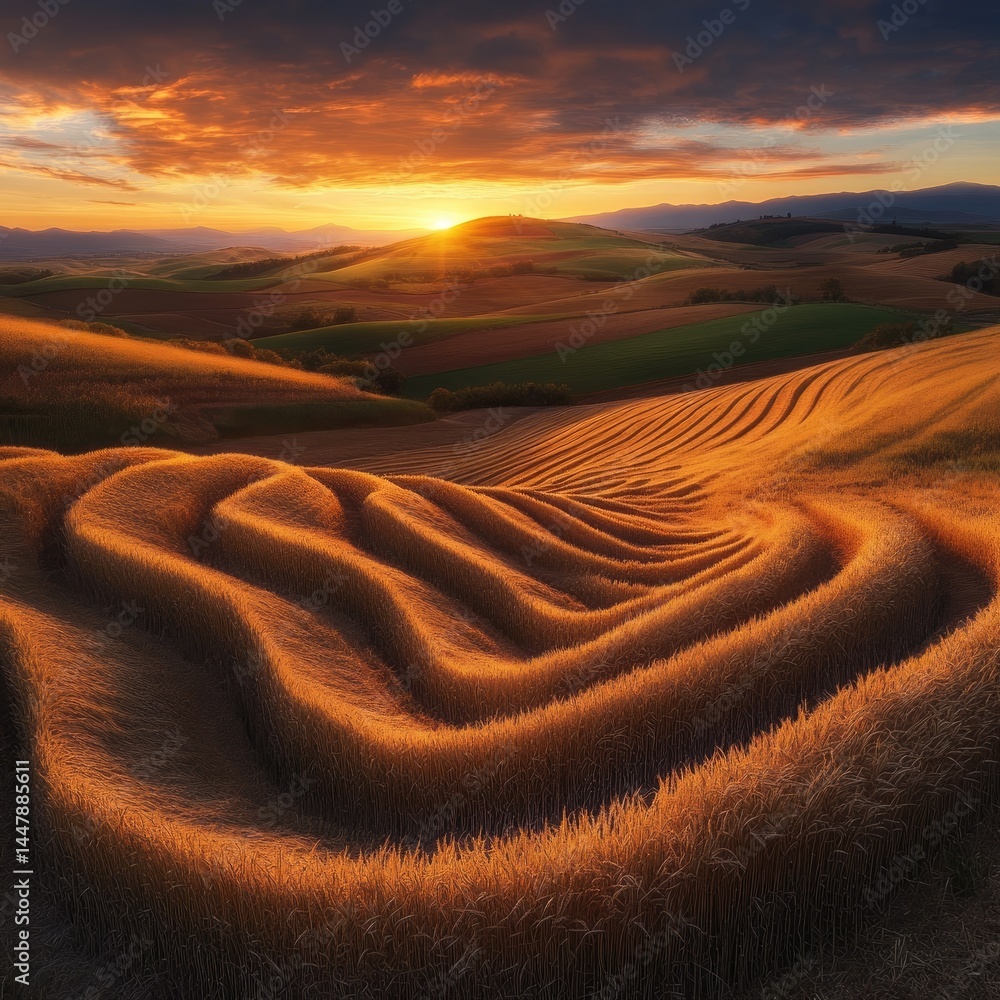 Naklejka premium Golden Wheat Fields at Sunset Wavy, terraced fields bathed in warm sunlight as the sun sets over rolling hills Golden hues of wheat and vibrant colors of the sky create a breathtaking panorama