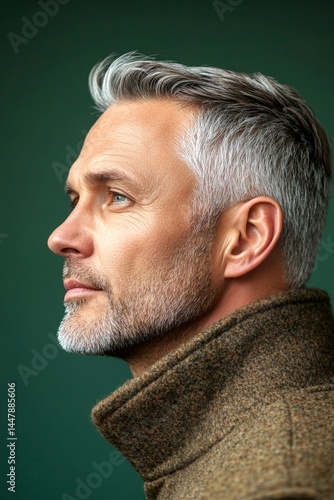 Obraz na płótnie A joyful man with a trendy and modern hairstyle. Trendy men's ivy league haircut - midlife white man with hair. Green solid background. Concept of style for aging men. w salonie