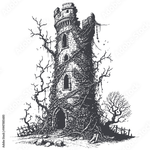 Ruined tower covered in vibrant vines, merging historic decay with the lush beauty of nature's growth.