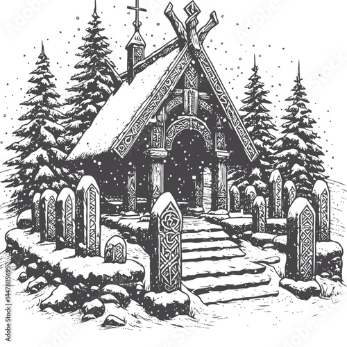 Snowy Norse shrine with runestones, capturing the essence of ancient Nordic spirituality and artistic heritage.