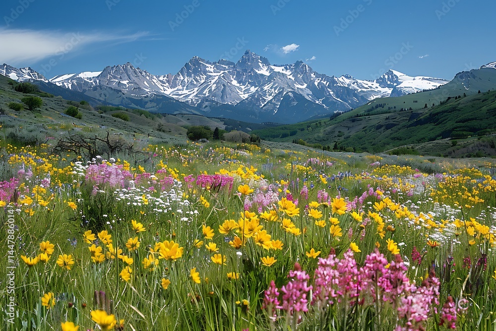 Tranquil spring meadow beneath snow capped mountains colorful wildflowers foreground and warm breeze over distant peaks Tranquil spring meadow beneath snow capped mountains colorful wildflowers foreground and warm breeze over distant peaks