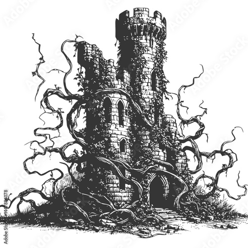 Artistic rendition of a historic tower overtaken by vines, capturing the timeless beauty of nature's resilience.