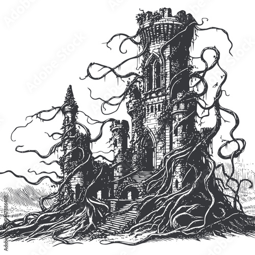 Elegant ruins of a vine-covered tower, blending the charm of historic decay with lush greenery.