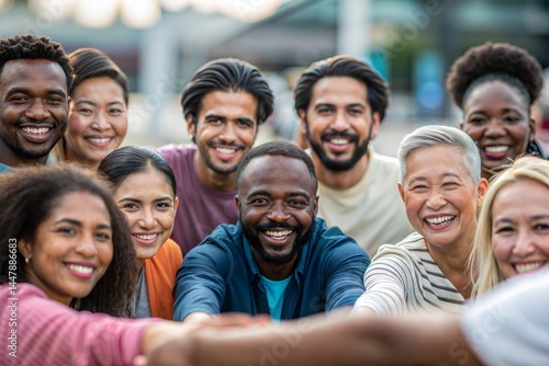 Collage of a large group of smiling people gathered together reaching out to each other, symbolizing connection in a multiracial society.