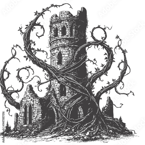 Beautiful old tower adorned with vibrant vines, blending the remnants of history with nature's growth.