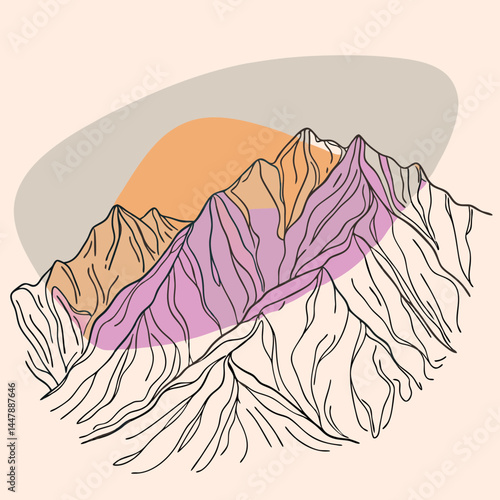 Illustration of mountain range with sun and abstract shapes in pastel colors