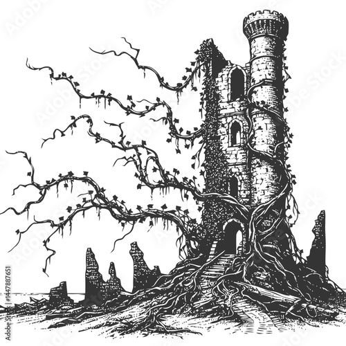 Ruined historic tower overtaken by vines, blending natural beauty with remnants of ancient architecture.